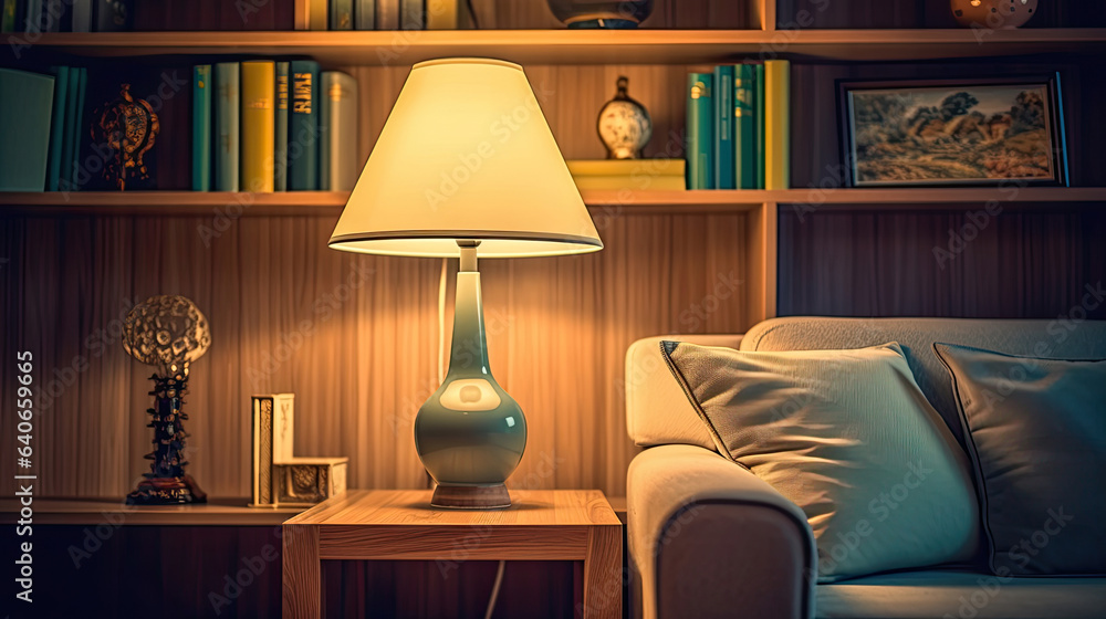 Lamp and bookshelf, living room with couch. Idea for interior design. Generative Ai