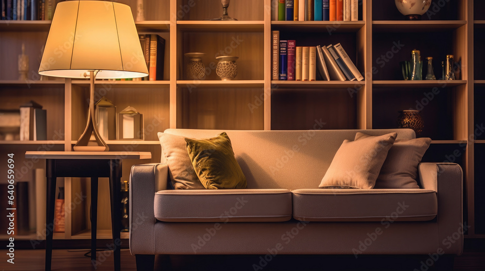 Lamp and bookshelf, living room with couch. Idea for interior design. Generative Ai