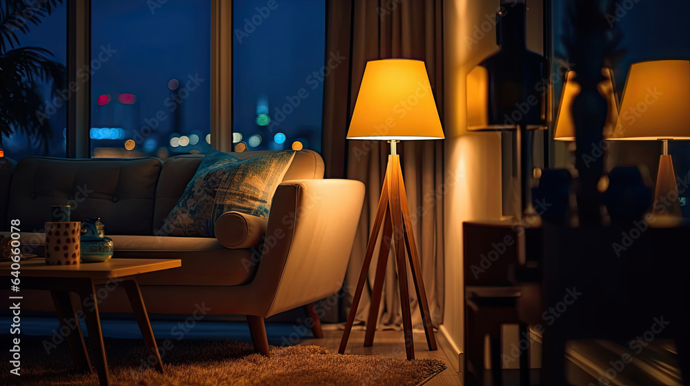 Lamp, Stylish interior of living room at night. Idea for interior design. Generative Ai