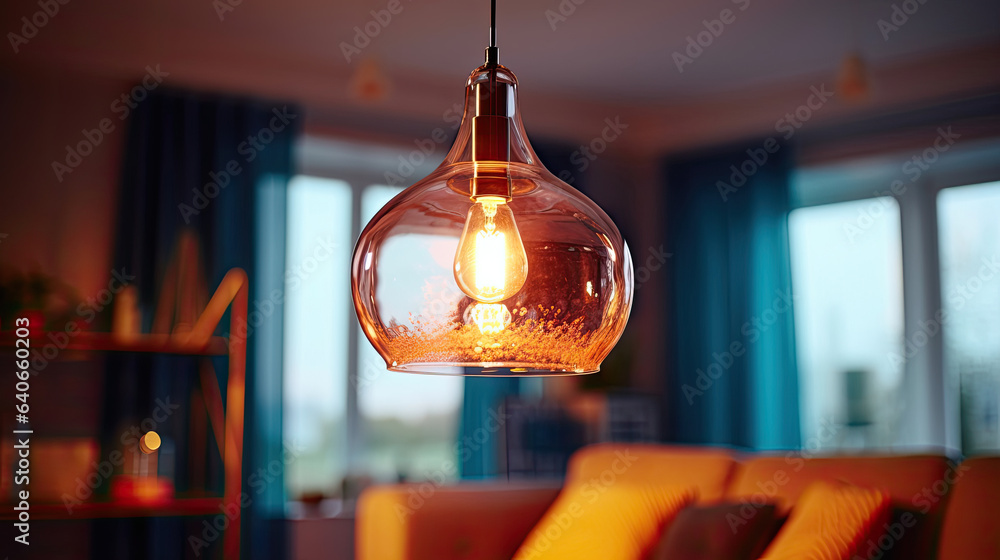 Modern hanging lamp in living room. Idea for interior design. Generative Ai