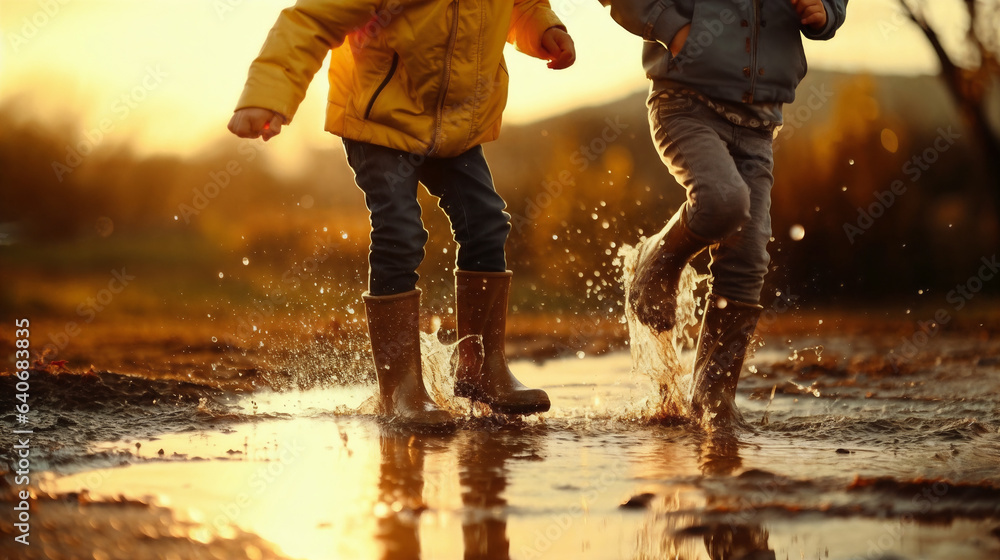 Feet of children in rubber boots jumping over a puddle. Generative AI