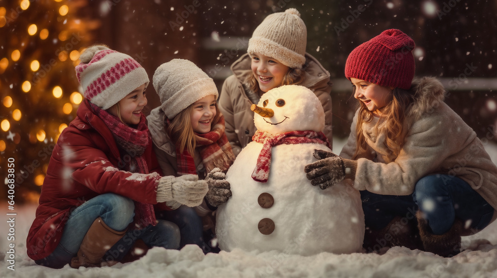 family playing with snowman. Generative AI