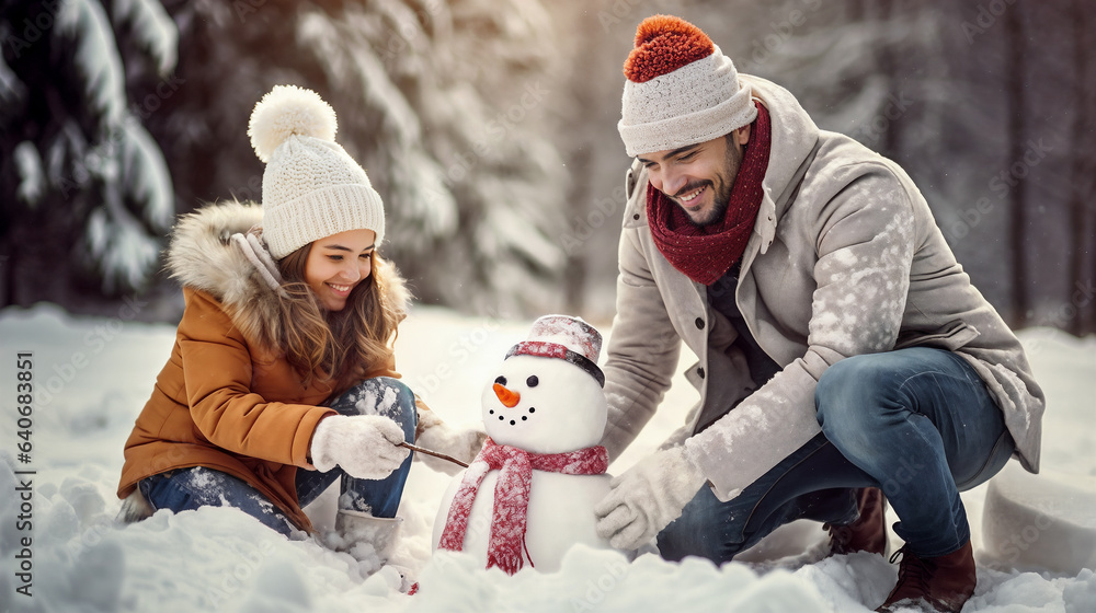 family playing with snowman. Generative AI