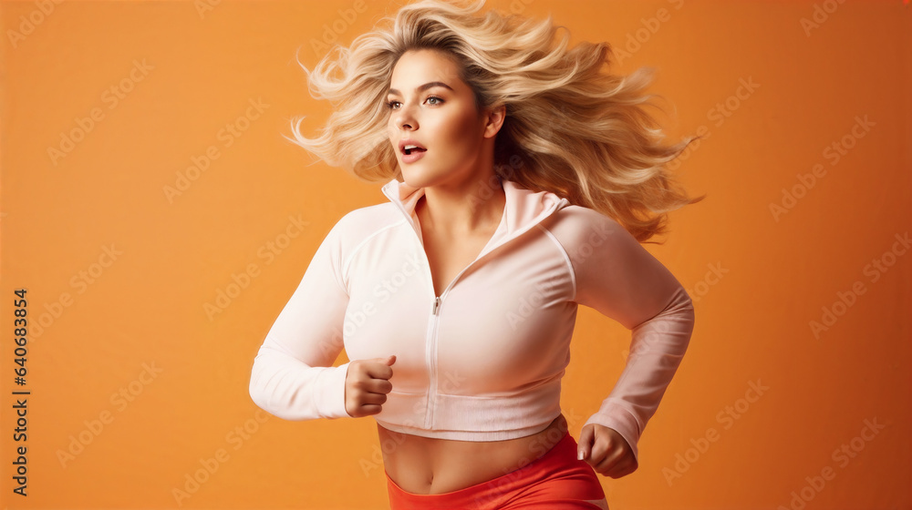 Plus-size woman running on color background. Generative AI