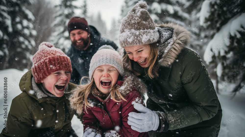 family playing in the forest. Generative AI