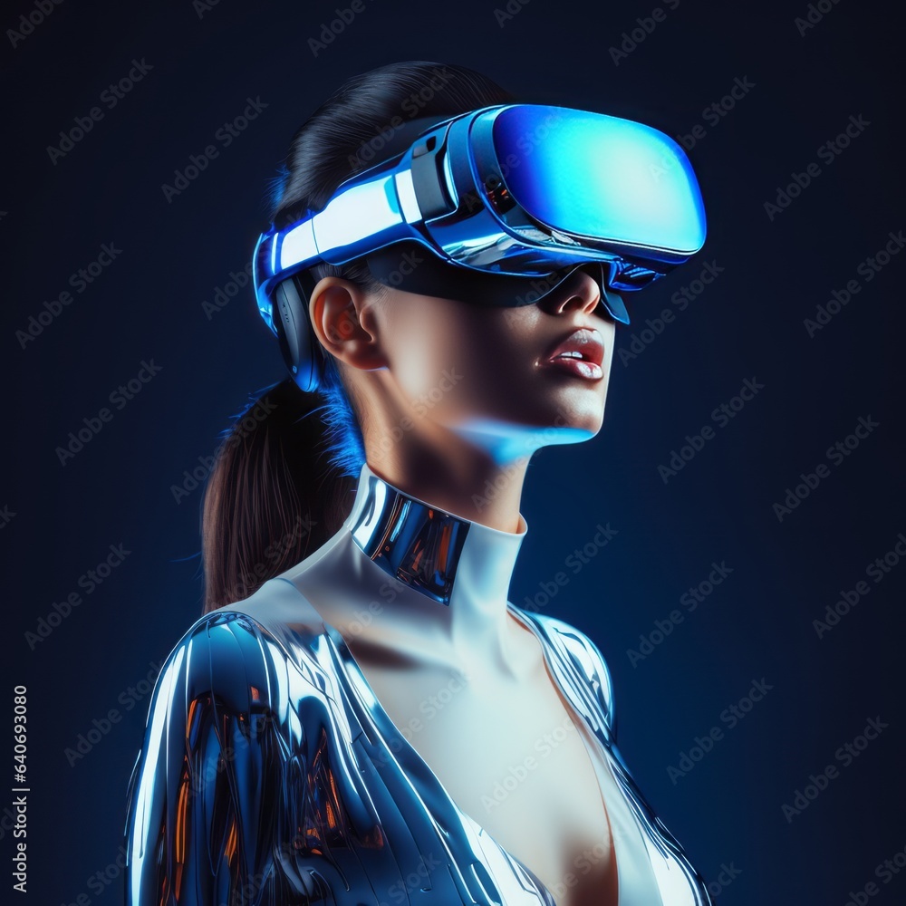 High tech women wearing virtual reality headset. Close up of a woman wearing vr glasses, generative 