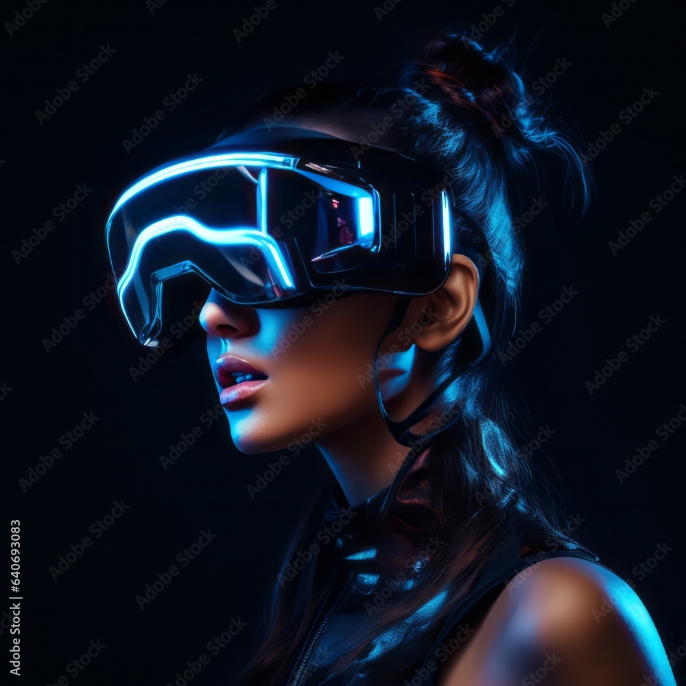 High tech women wearing virtual reality headset. Close up of a woman wearing vr glasses, generative 