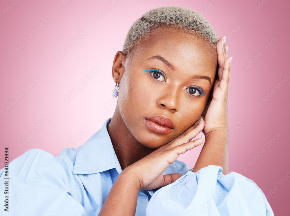 Portrait, makeup or black woman with beauty or confidence in studio isolated on purple background. F