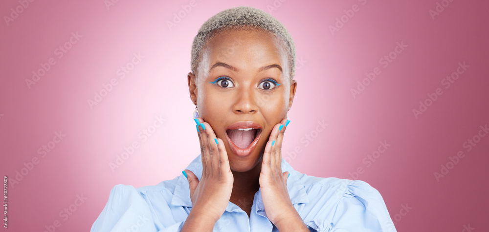 Wow, surprise and black woman with hands on face in studio for beauty, sale or news on pink backgrou