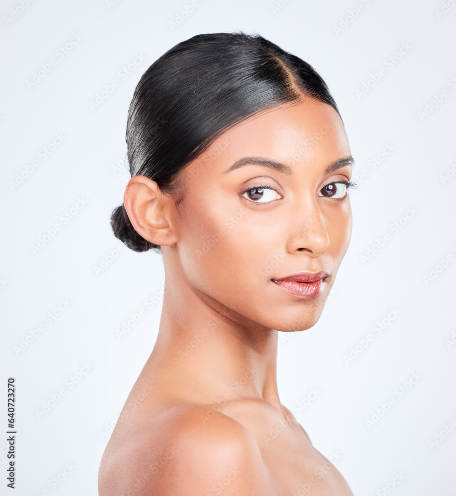 Dermatology, beauty and portrait of Indian woman in studio for wellness, healthy skin and facial car