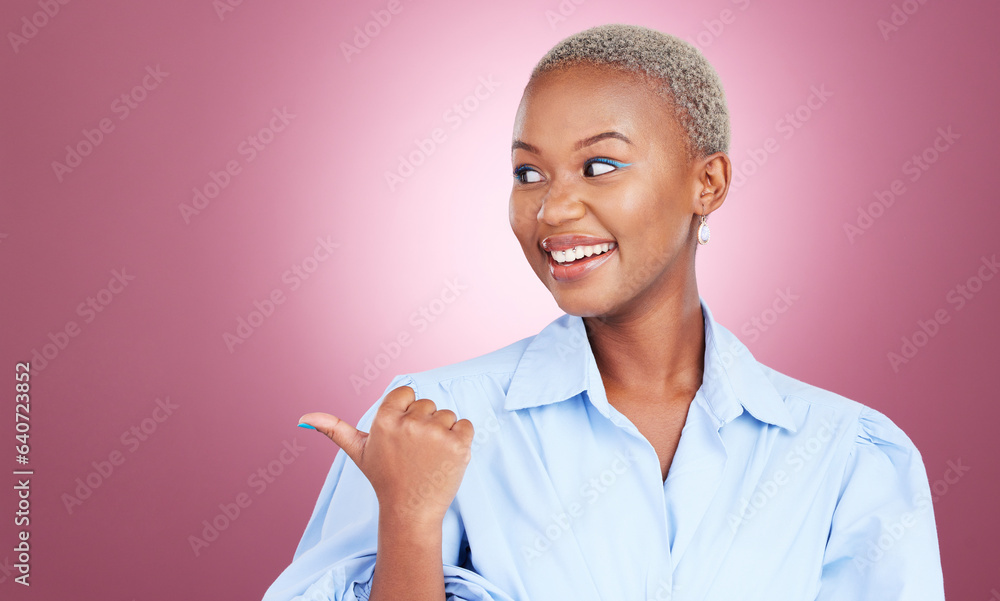 Pointing finger, smile and a woman in studio with hand for advertising, marketing or announcement. H