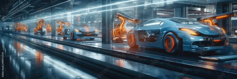 Automated robotics futuristic electric cars production line in factory, Increase performance concept