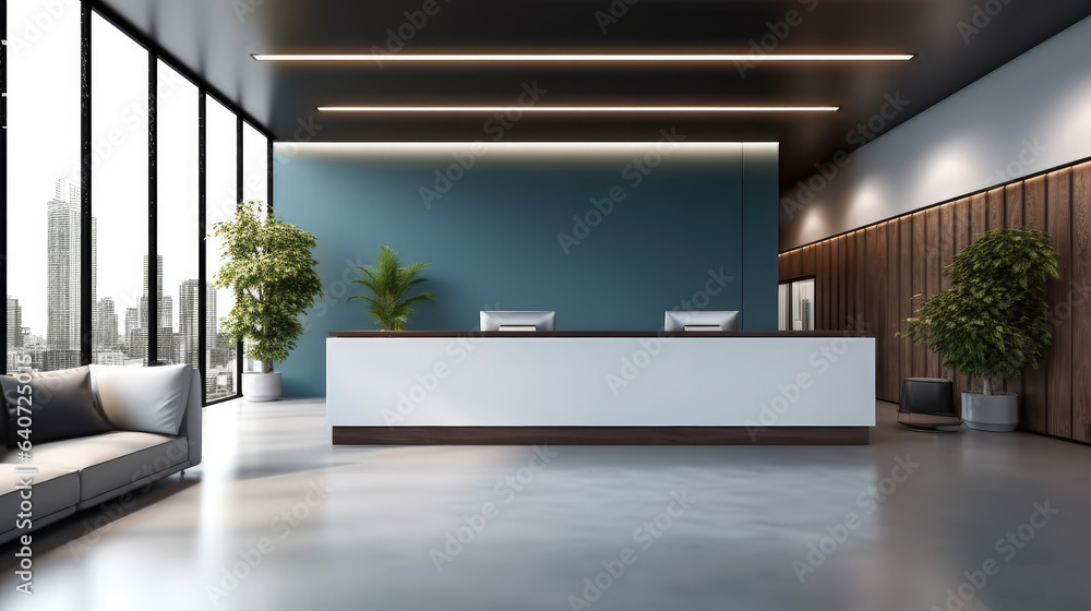 Interior of hotel reception desk minimalist design.