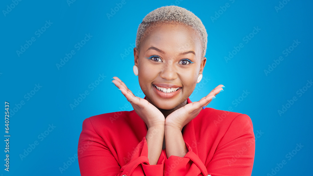 Smile, beauty and portrait of black woman in studio with an excited, confident or positive attitude.