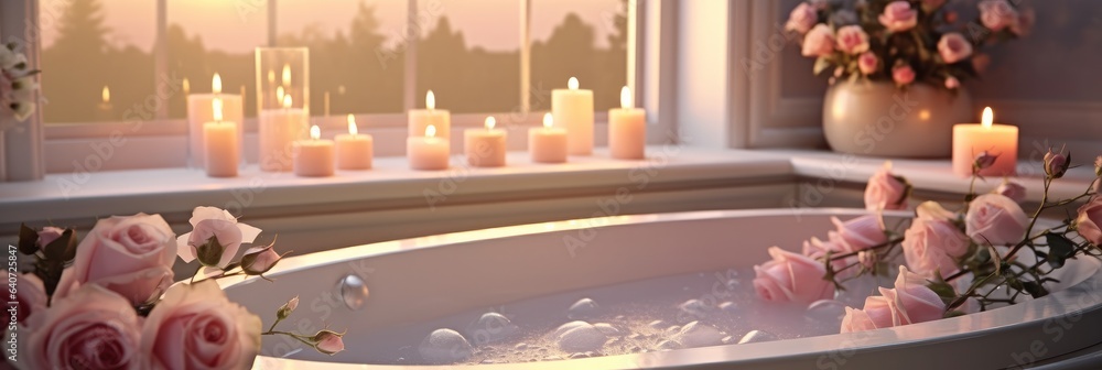 Elegant white bathroom interior with rose and candles, Modern vessel sink, Romantic zen Atmosphere.