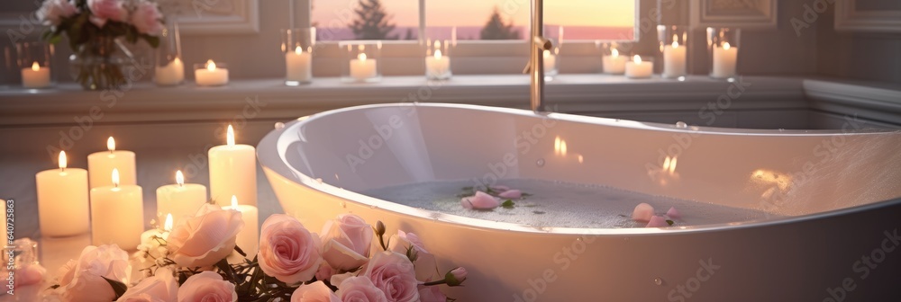 Elegant white bathroom interior with rose and candles, Modern vessel sink, Romantic zen Atmosphere.