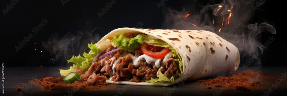 Fresh grilled doner wrap roll hot ready to serve and eat.