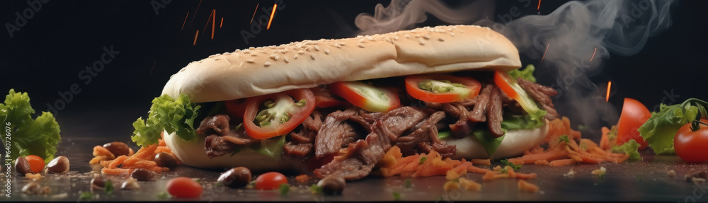 Shawarma beef wrap roll hot ready to serve and eat.