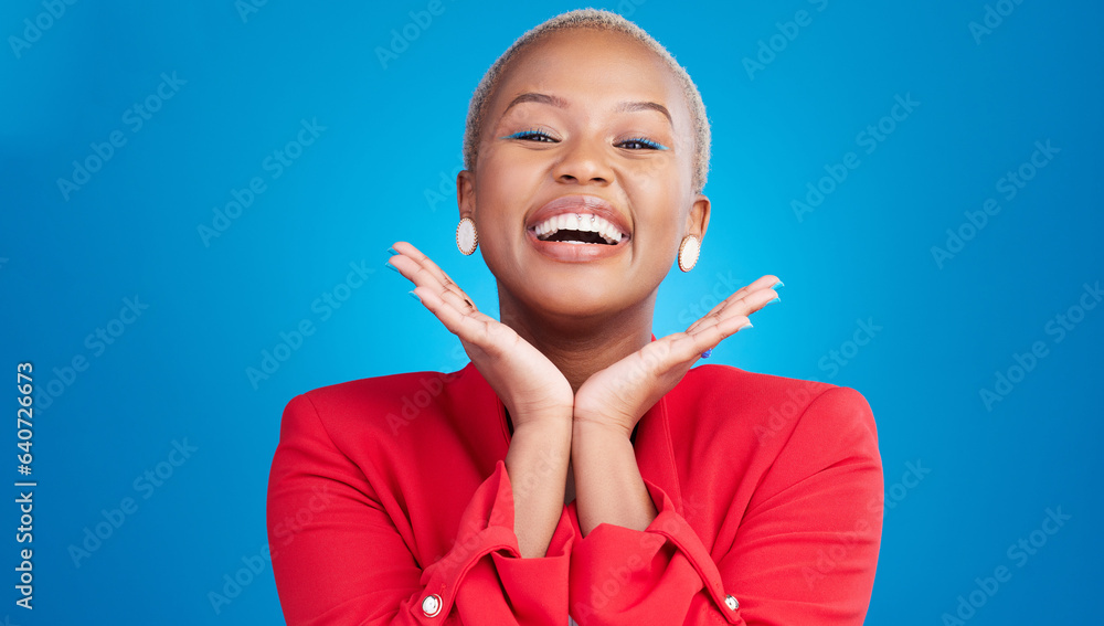 Beauty, smile and portrait of black woman in a studio with cosmetic, glamour and face routine. Happy