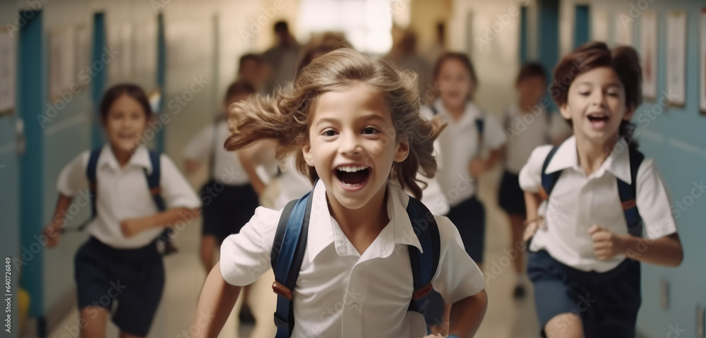 Excited pupils rushing down school corridor, Back to school concept.