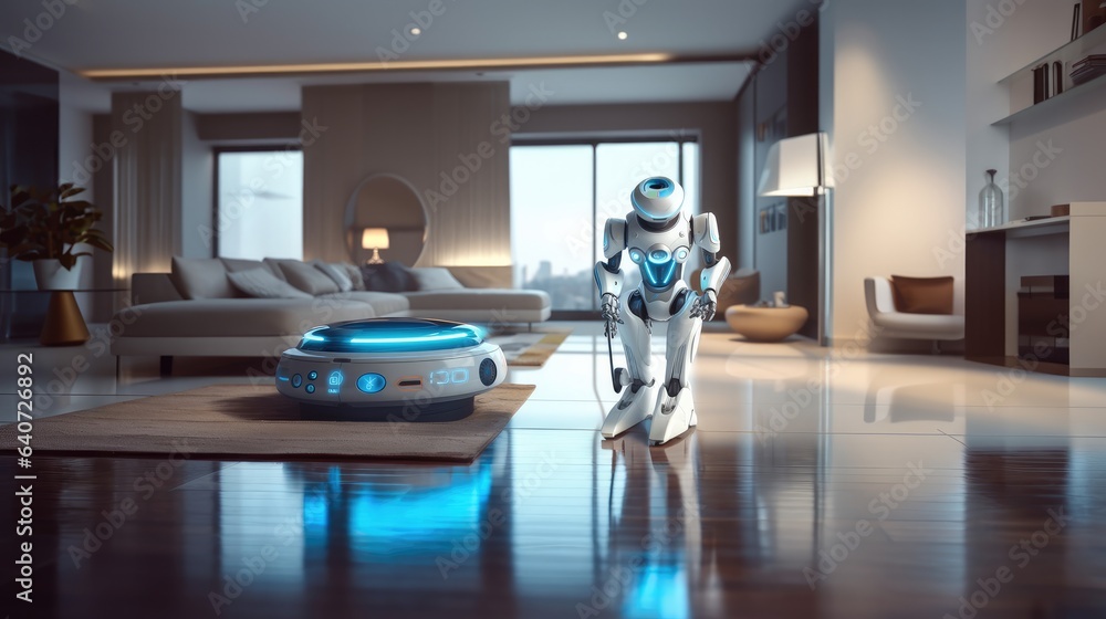 Housekeeping robot maid working with a vacuum machine, Technology concepts.