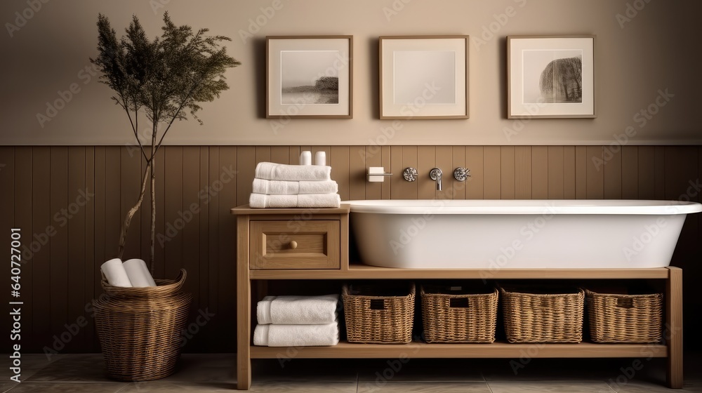 Interior design of Bathroom in farmhouse style with wicker basket material.