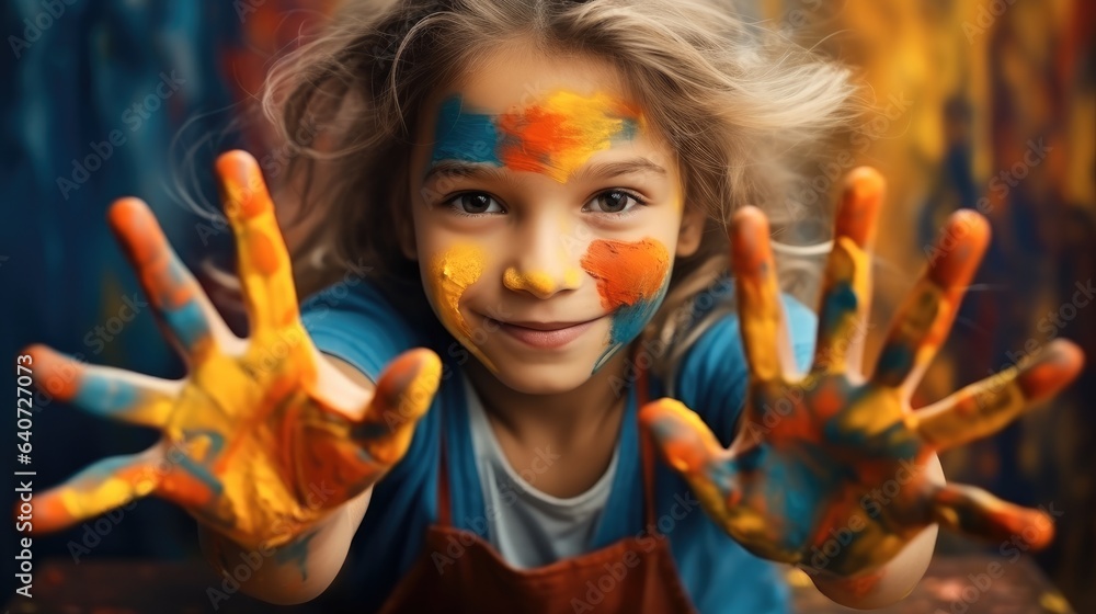 Little girl showing colorful painted hands, Creative and happy childhood concept.