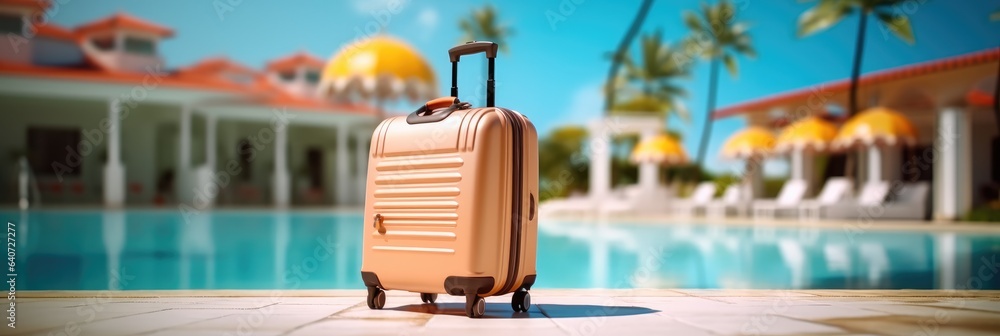 Luggage suitcases beside resort swimming pool, Tourism summer concepts.