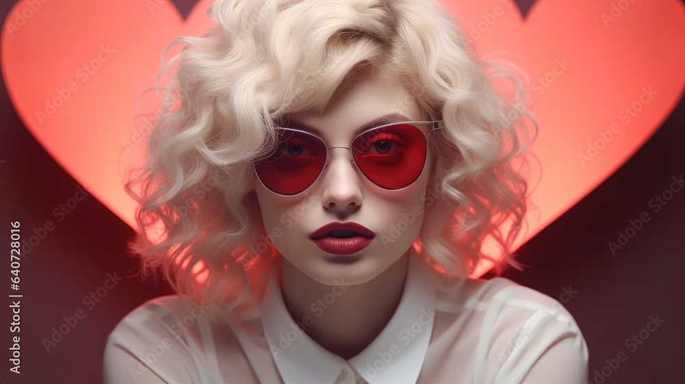 Portrait of beautiful young woman wearing red glasses with a big pink heart background.