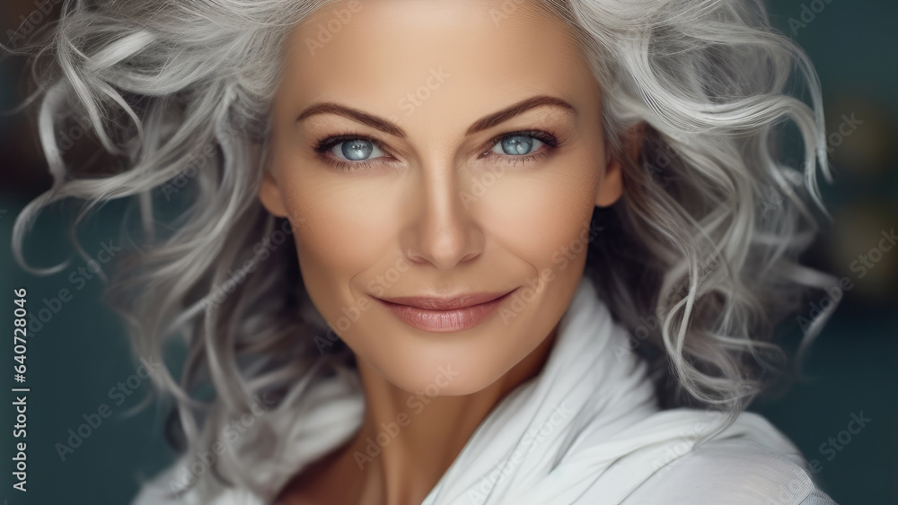 Beautiful beautiful elderly senior model woman with grey hair, Healthy face skin care beauty.