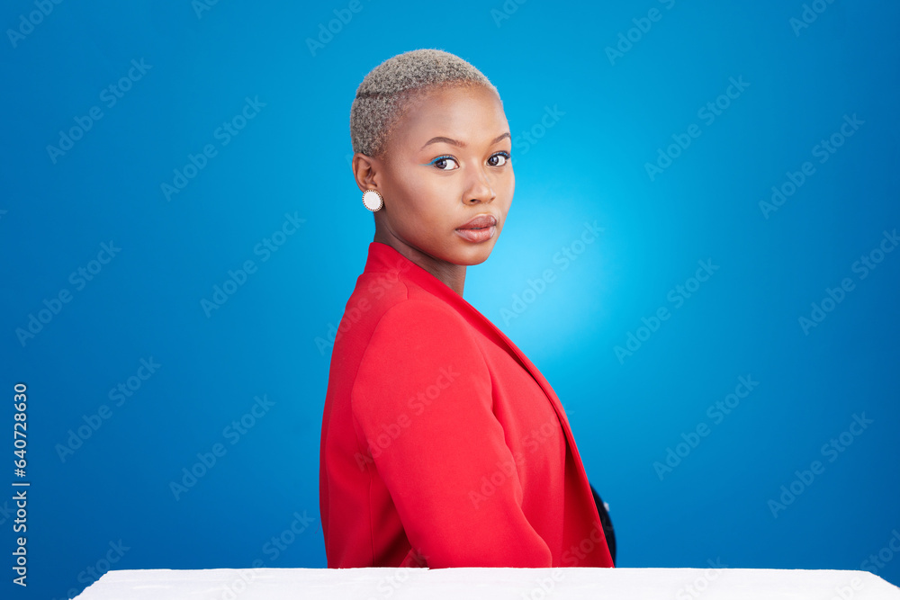 Makeup, serious and portrait of black woman in studio with cosmetic, glamour and face routine. Confi