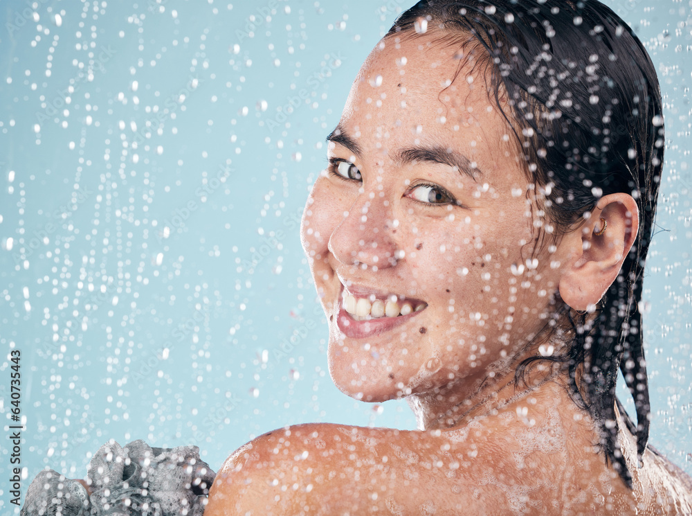 Portrait, woman and shower with water, soap and sponge for cleaning with dermatology, skincare and b