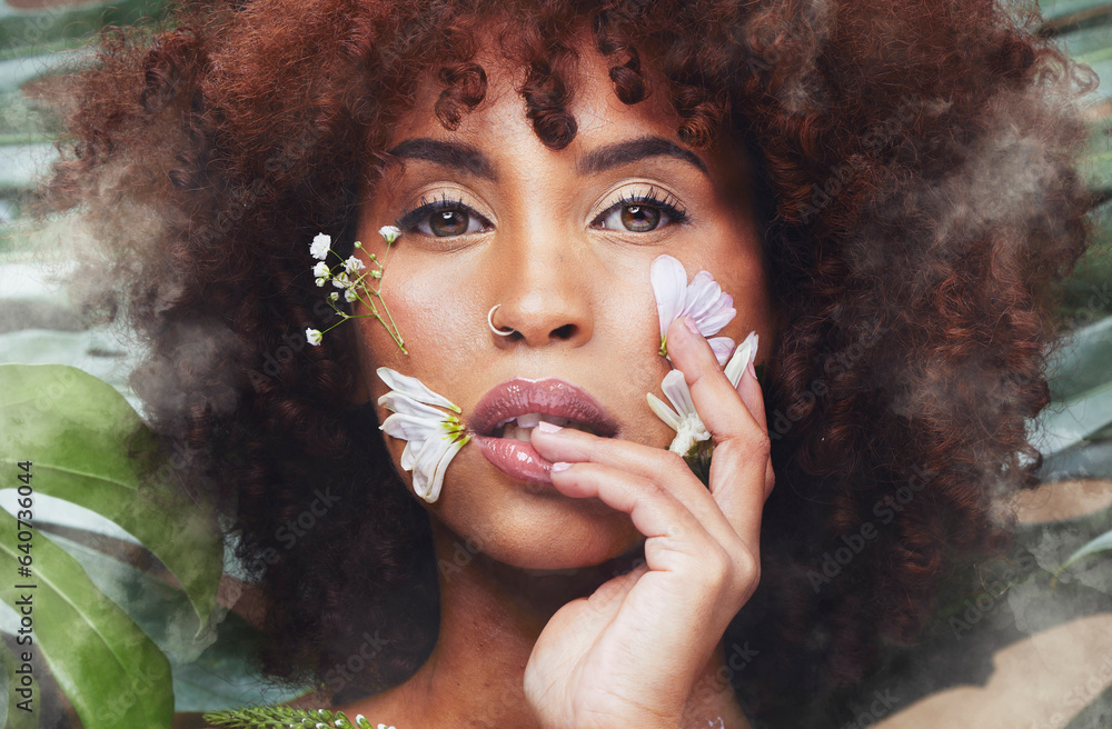 Skincare, portrait and black woman with flowers for beauty, creative art or eco friendly cosmetics f