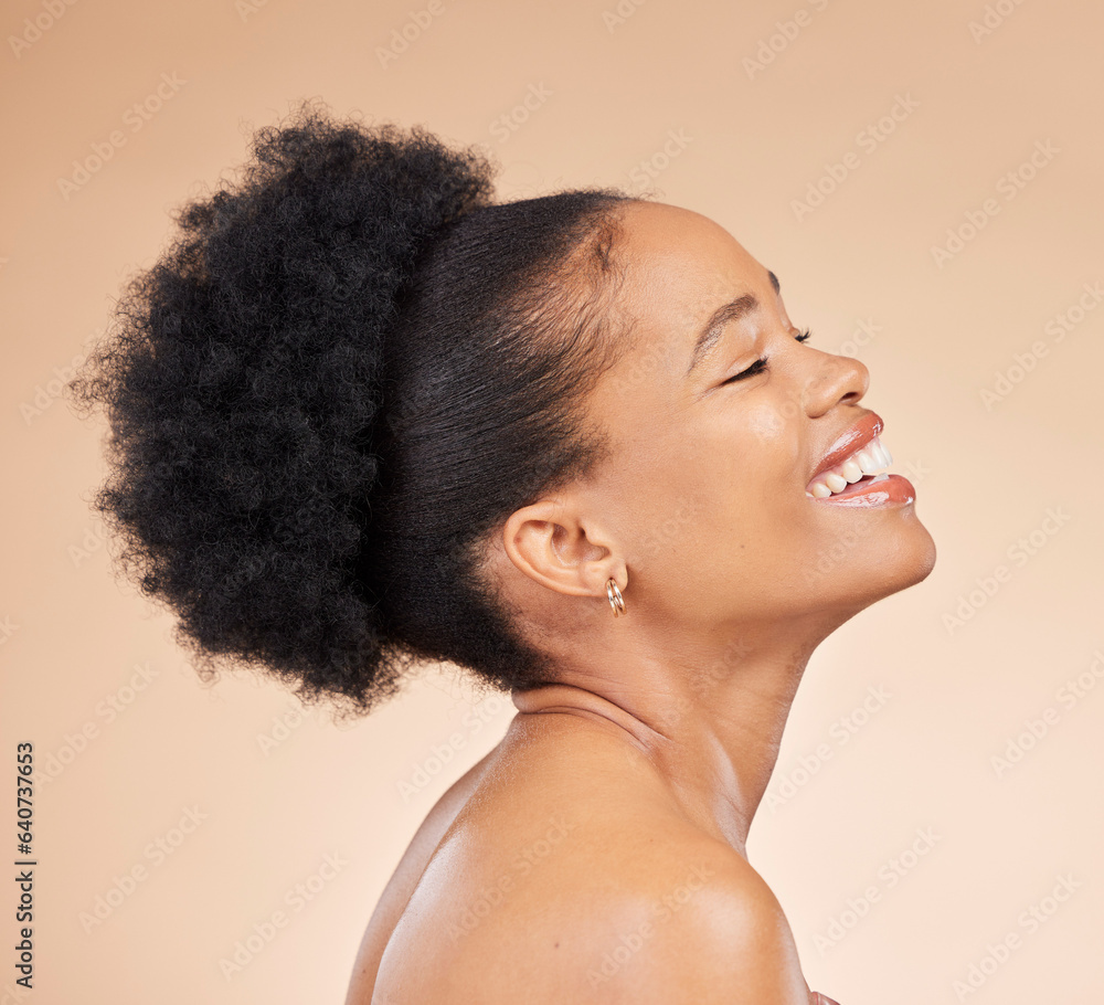 Profile, skincare and beauty of black woman, happy and isolated on a brown background in studio. Smi