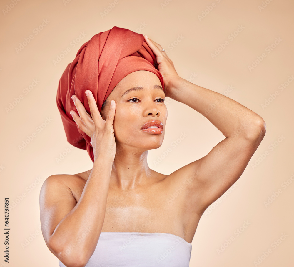 Hair, scarf and black woman in studio for wellness, beauty or natural cosmetics on brown background.