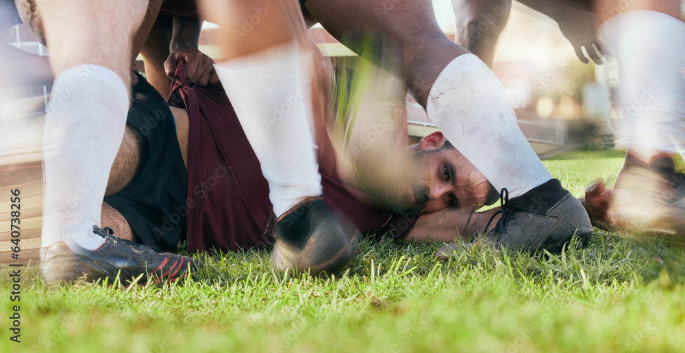 Sports field, ground or man in rugby scrum action, outdoor competition on tournament match, challeng