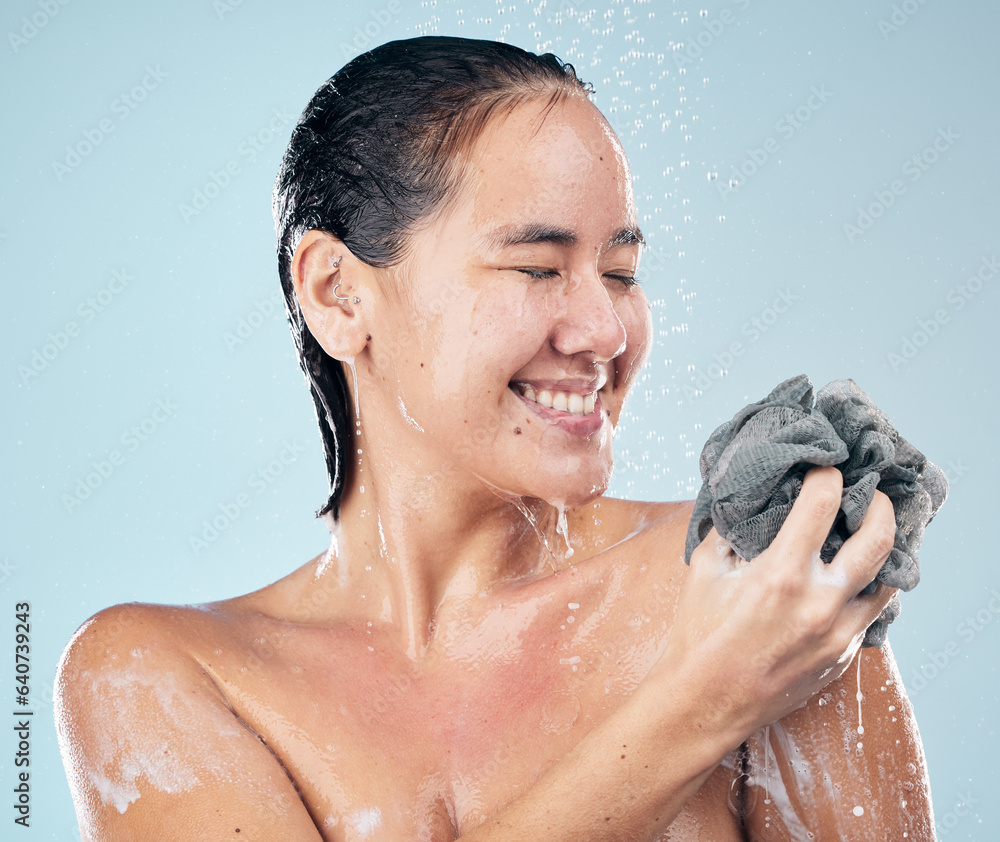 Woman, shower and clean with water, soap and sponge for healthy dermatology, skincare and blue backg