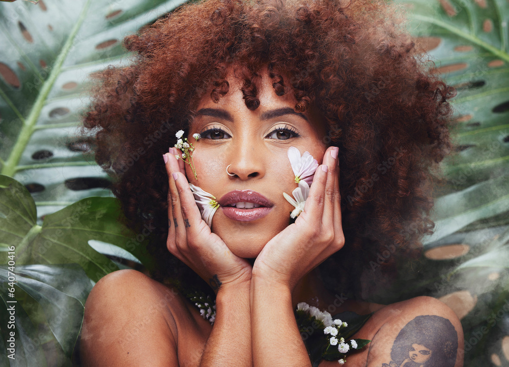 Flowers, beauty and portrait of black woman with skincare, cosmetics and creative or eco friendly ar