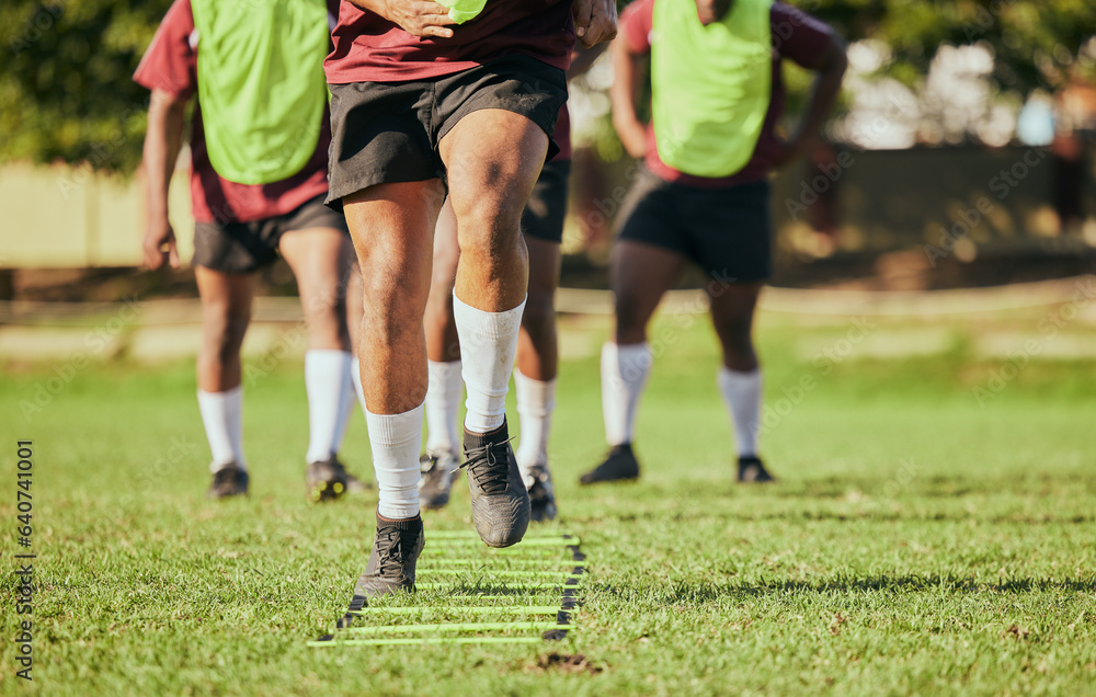 Sports, running and men for rugby training, workout and exercise on grass field for competition. Fit