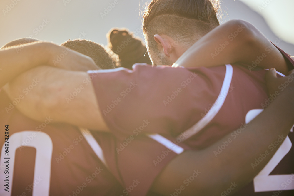 Huddle, sports and teamwork with people on field for health, challenge and championship. Support, co