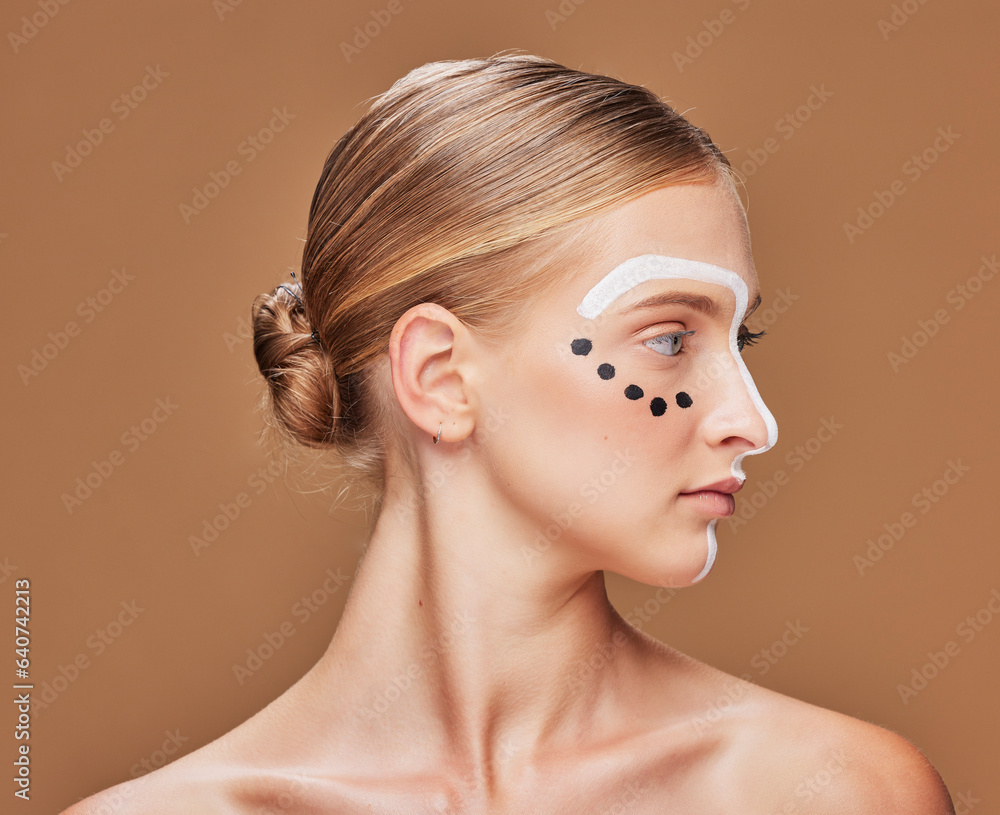 Art, cosmetic and young woman in studio with creative, beauty and abstract face aesthetic. Makeup, a