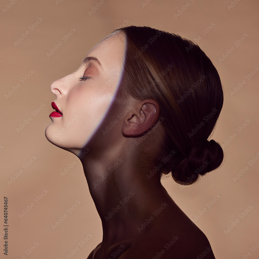 Spotlight, profile or model in shadow with lipstick and creative aesthetic in studio background. Lig