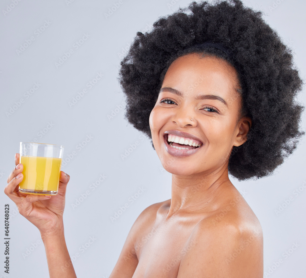 Woman, portrait and glass of orange juice in studio for vitamin c benefits on gray background. Face,