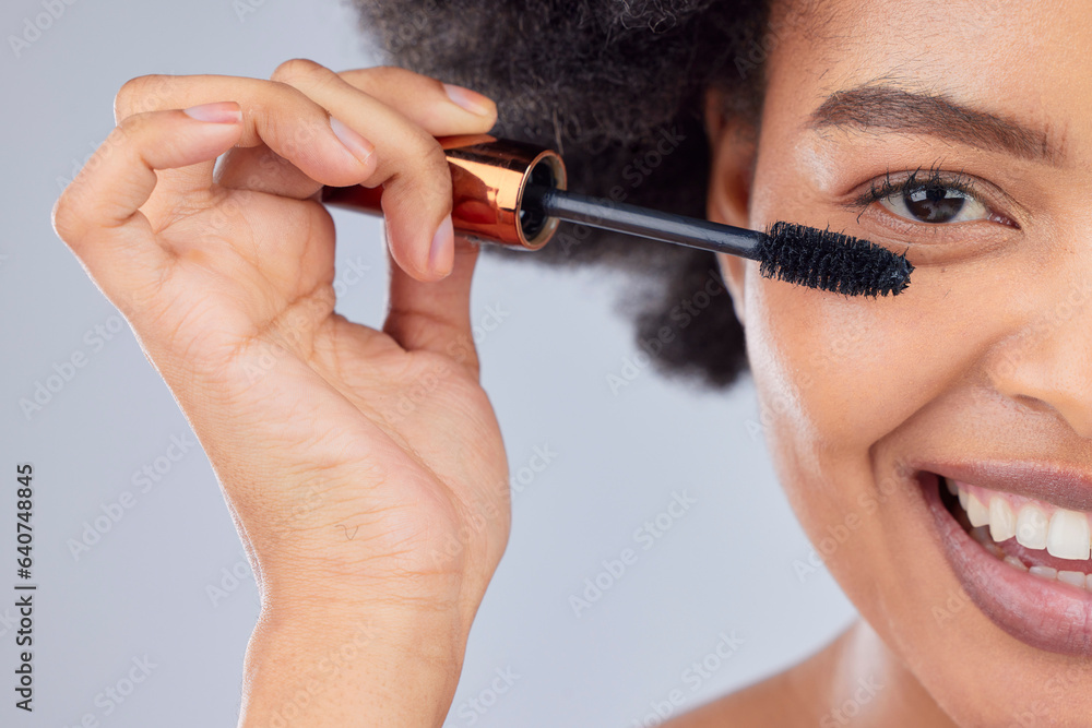 Makeup, beauty and portrait of woman with mascara in studio for wellness, skincare product and cosme