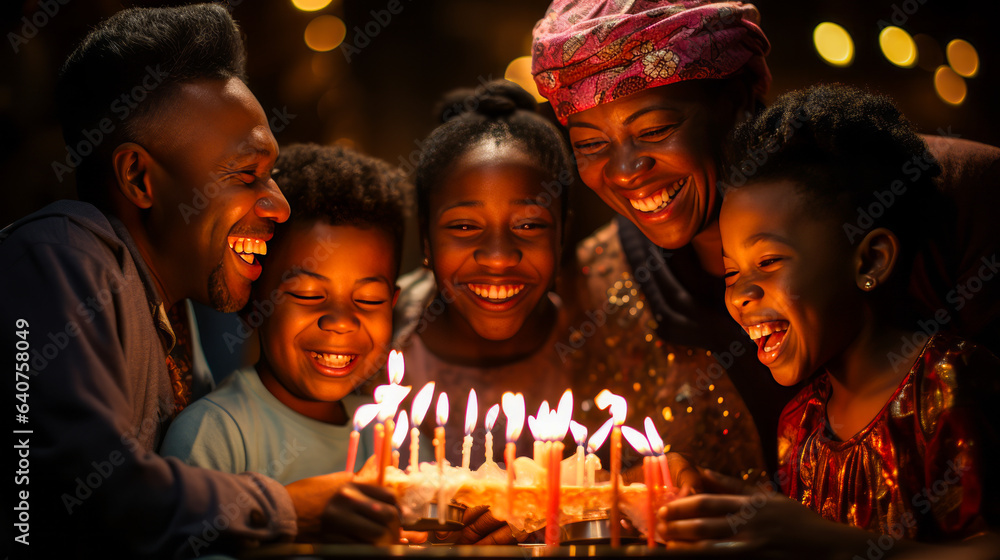 Captivating scene of a radiant 60-year-old woman in joyful celebration, lovingly surrounded by her f