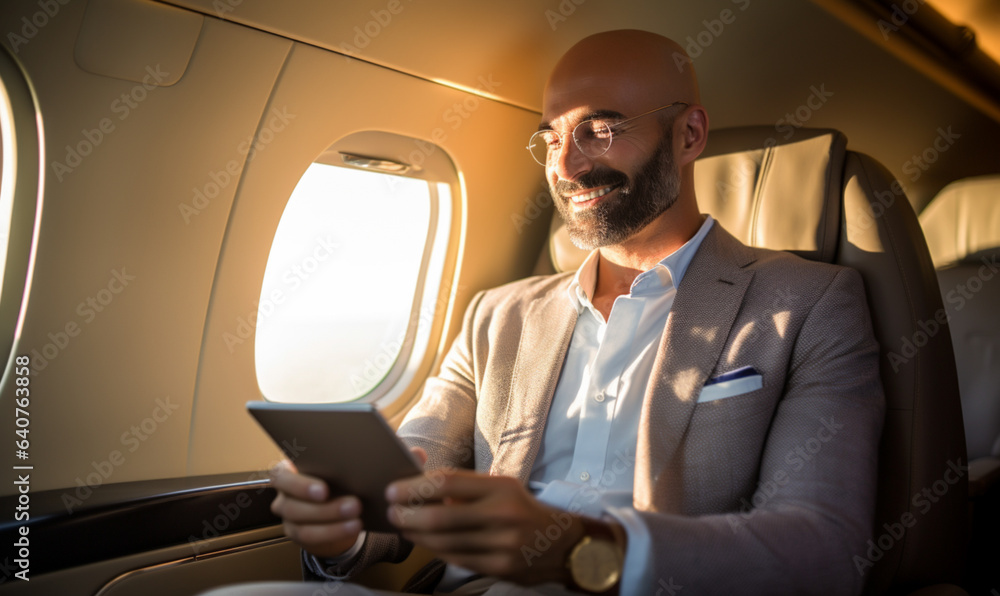 Smiling happy businessman flying and working in an airplane in first class, Man  sitting inside an a