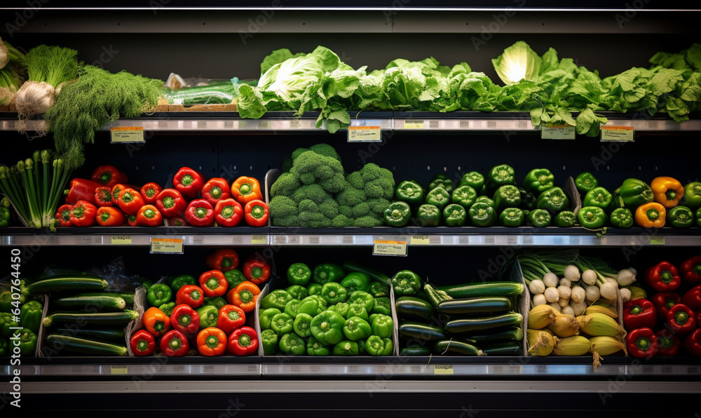 Fresh organic vegetables on a shelf in a supermarket, Shopping tomatoes, pepper peppers, cucumbers i