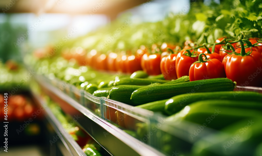 Fresh organic vegetables on a shelf in a supermarket, Shopping tomatoes, pepper peppers, cucumbers i