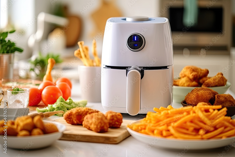 air fryer appliance is on white marble table in nice interior design kitchen dinning room of house. 