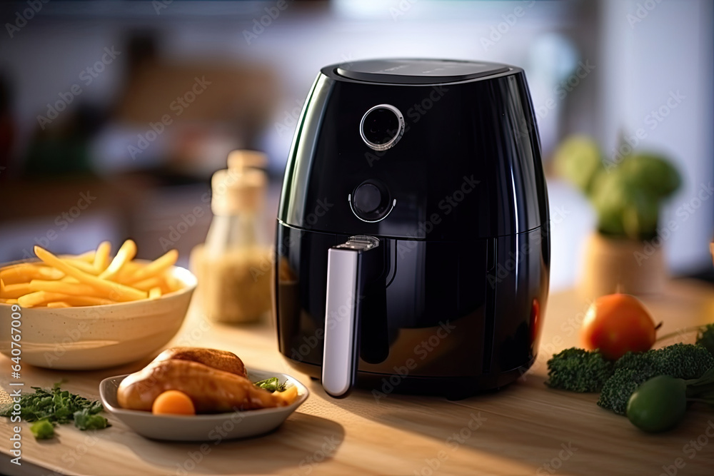 Air fryer oil free, a black air fryer or oil free fryer appliance is on the wooden table in the kitc